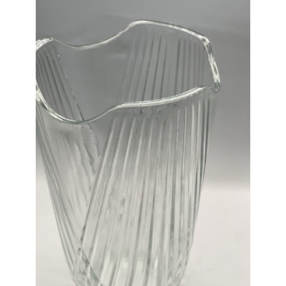Modern Clear Ribbed Glass Vase Handkerchief Rim Diamond Base 8 Inch - Picture 3 of 8
